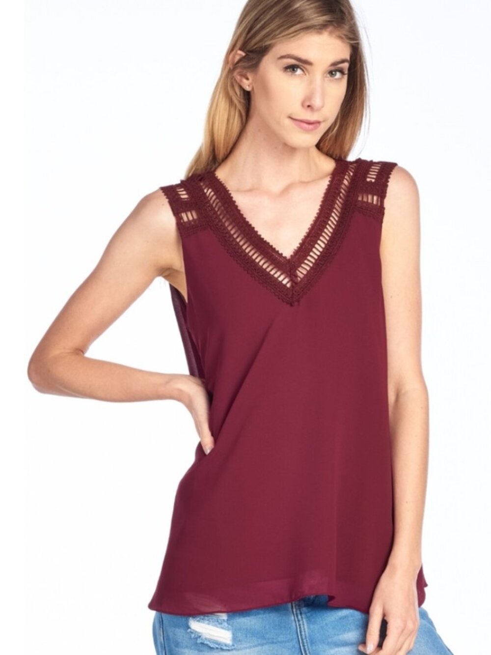 Maroon Fabric Tank w/ Crochet Embellishment